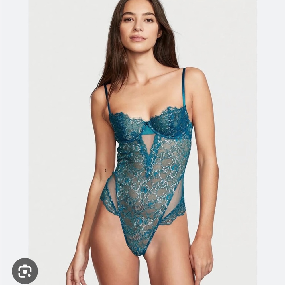 Victoria's Secret Blue Lace Bodysuit with Silver Floral Details